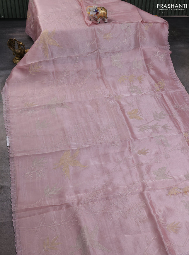 Tissue silk saree pastel pink with allover embroidery work and embroidery border