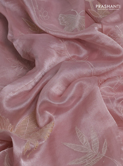 Tissue silk saree pastel pink with allover embroidery work and embroidery border