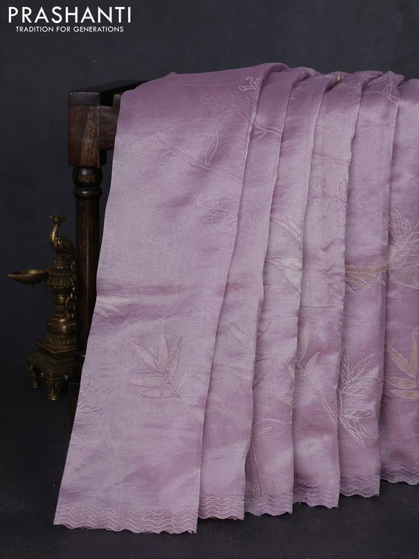 Tissue silk saree mild lavender with allover embroidery work and embroidery border