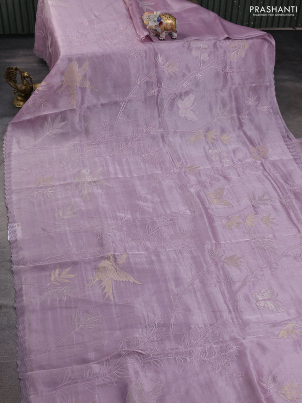 Tissue silk saree mild lavender with allover embroidery work and embroidery border