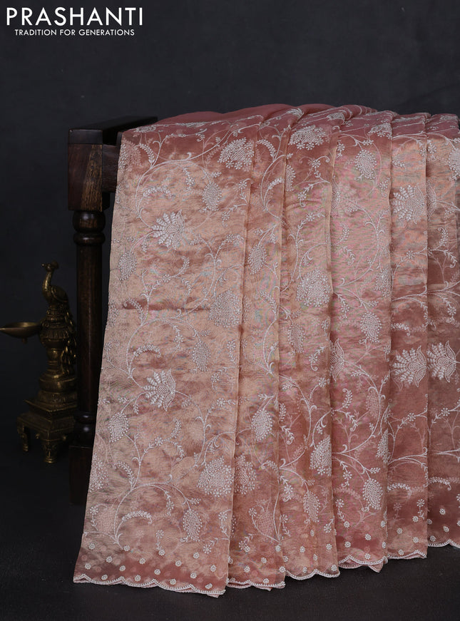 Tissue silk saree light pink with allover embroidery work and beaded work embroidery border