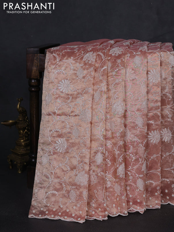 Tissue silk saree light pink with allover embroidery work and beaded work embroidery border