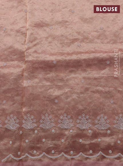 Tissue silk saree light pink with allover embroidery work and beaded work embroidery border