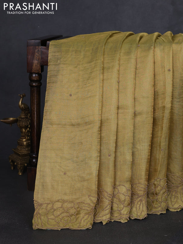 Tissue silk saree elachi green with beaded work and beaded work embroidery border