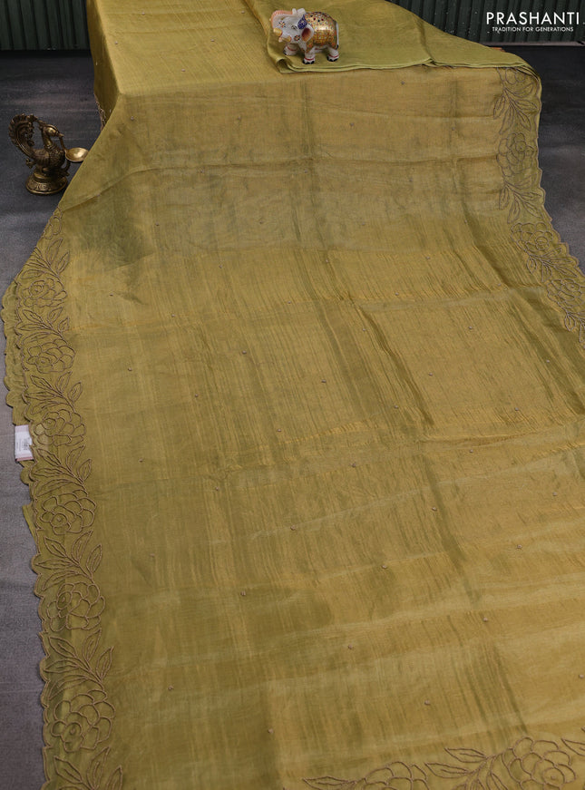 Tissue silk saree elachi green with beaded work and beaded work embroidery border