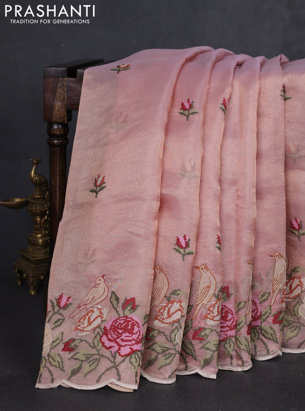 Tissue silk saree pastel pink with embroidery buttas and kutch embroidery border