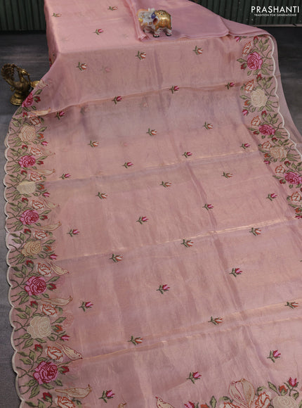 Tissue silk saree pastel pink with embroidery buttas and kutch embroidery border
