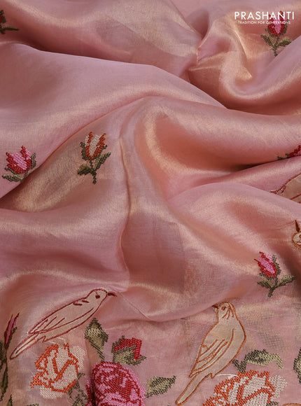 Tissue silk saree pastel pink with embroidery buttas and kutch embroidery border