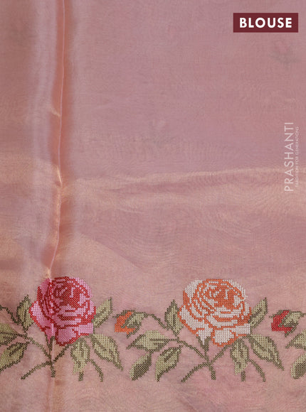 Tissue silk saree pastel pink with embroidery buttas and kutch embroidery border