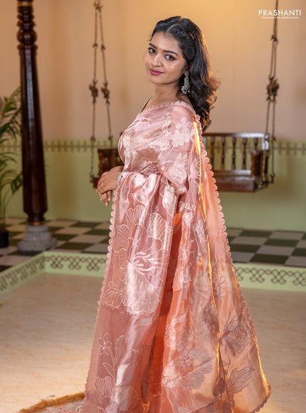 Tissue silk saree pastel pink with allover floral applique work and embroidery border