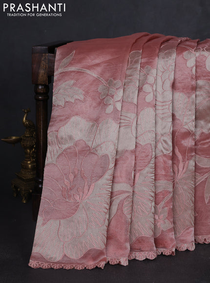 Tissue silk saree pastel pink with allover floral applique work and embroidery border