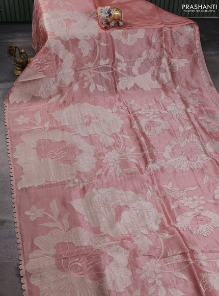 Tissue silk saree pastel pink with allover floral applique work and embroidery border
