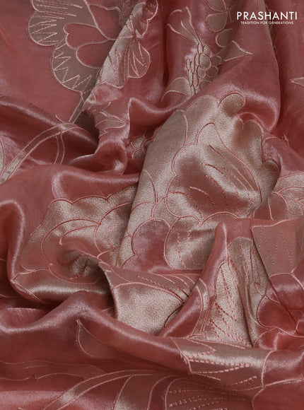Tissue silk saree pastel pink with allover floral applique work and embroidery border