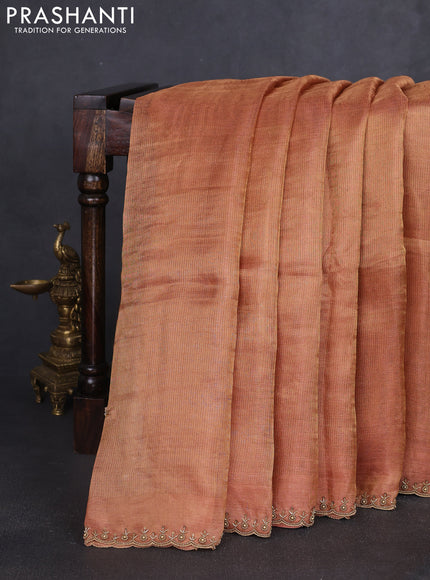 Tissue silk saree rust shade with beaded work and beaded work embroidery border