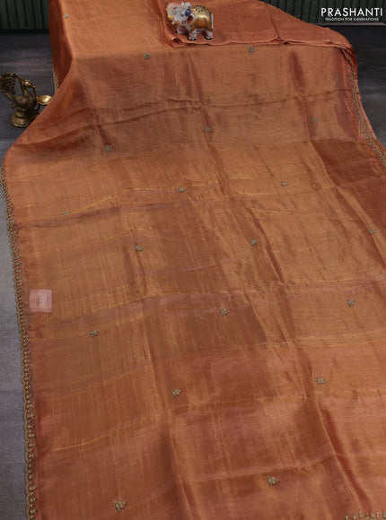 Tissue silk saree rust shade with beaded work and beaded work embroidery border