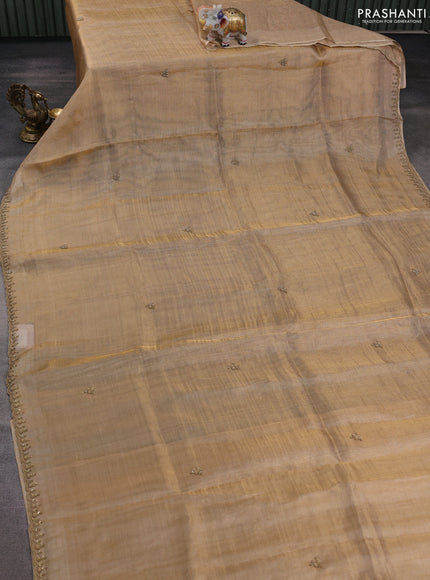 Tissue silk saree beige with beaded work and beaded work embroidery border