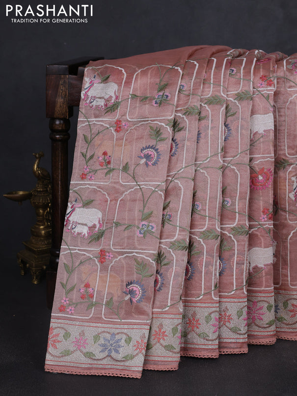 Tissue silk saree pastel pink with allover pichwai embroidery work and embroidery border