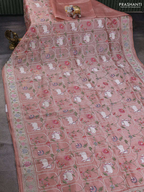 Tissue silk saree pastel pink with allover pichwai embroidery work and embroidery border