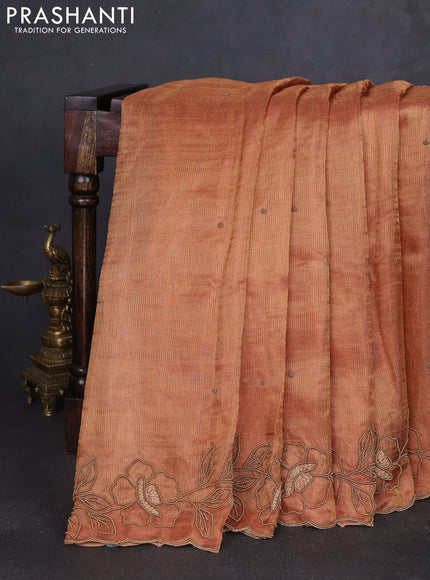 Tissue silk saree dark mustard with beaded work and beaded work embroidery border