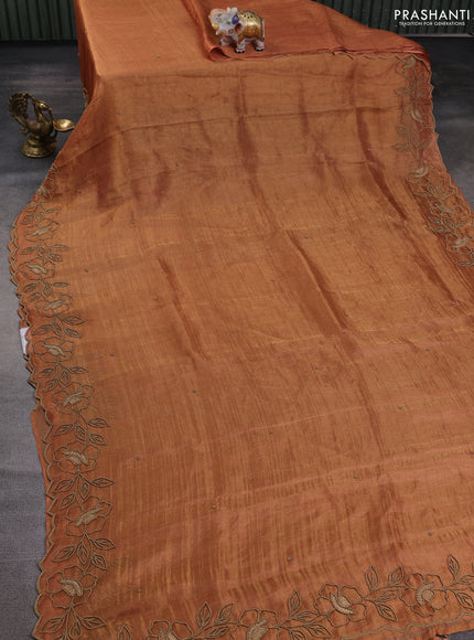 Tissue silk saree dark mustard with beaded work and beaded work embroidery border