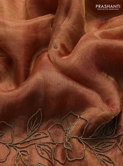 Tissue silk saree dark mustard with beaded work and beaded work embroidery border