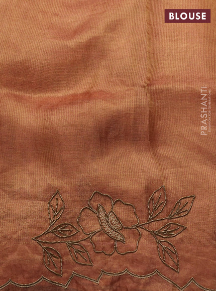 Tissue silk saree dark mustard with beaded work and beaded work embroidery border