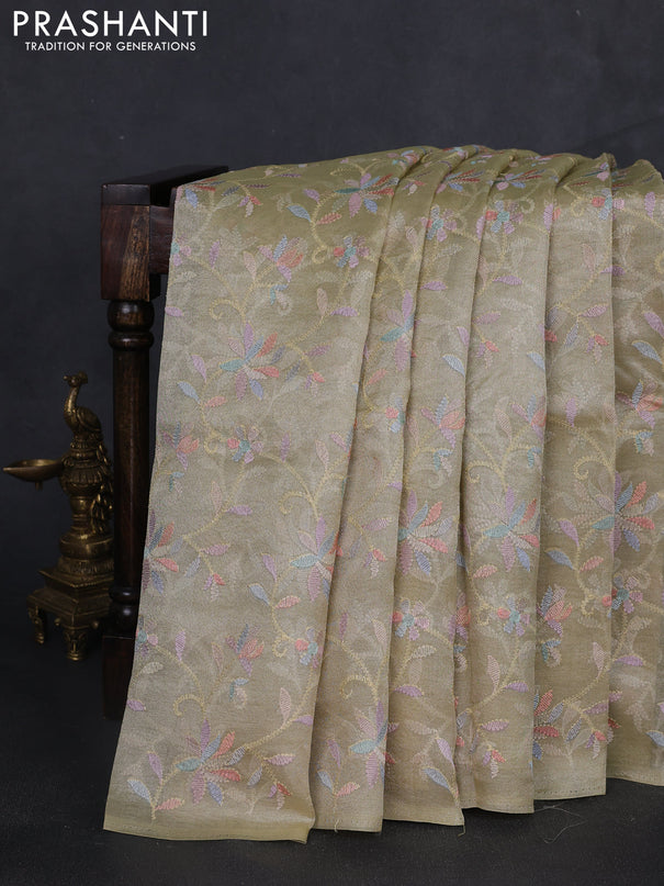 Tissue silk saree mild pista green with allover embroidery work