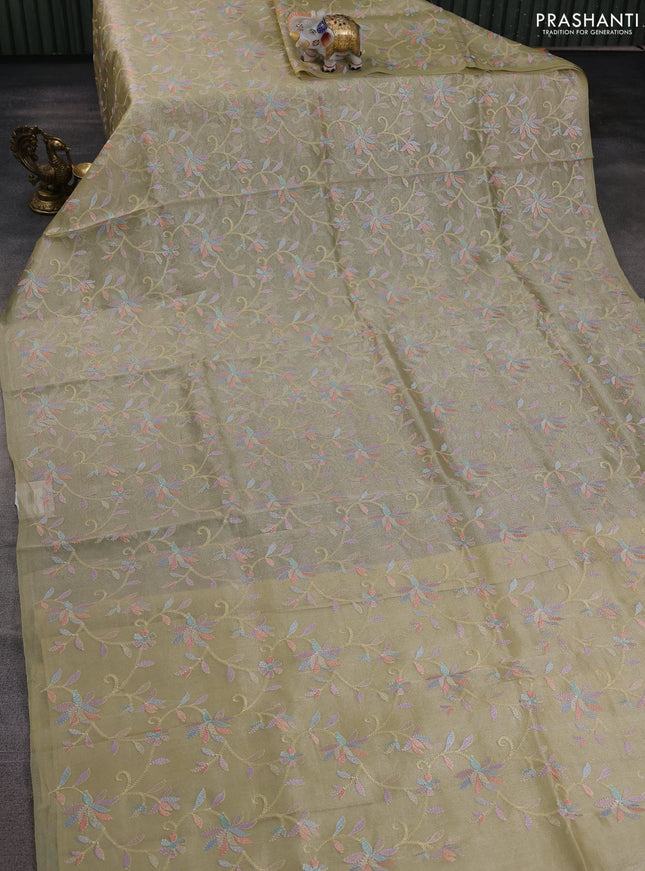 Tissue silk saree mild pista green with allover embroidery work