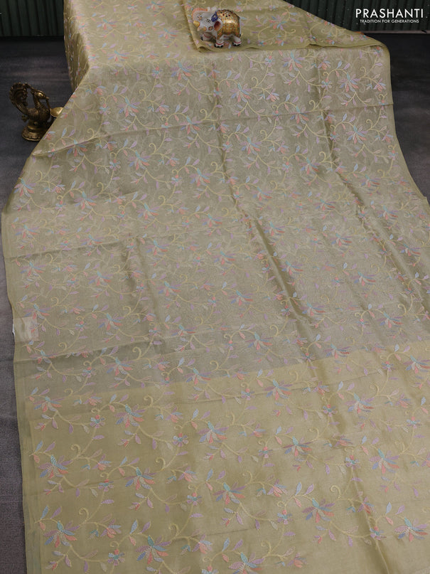 Tissue silk saree mild pista green with allover embroidery work