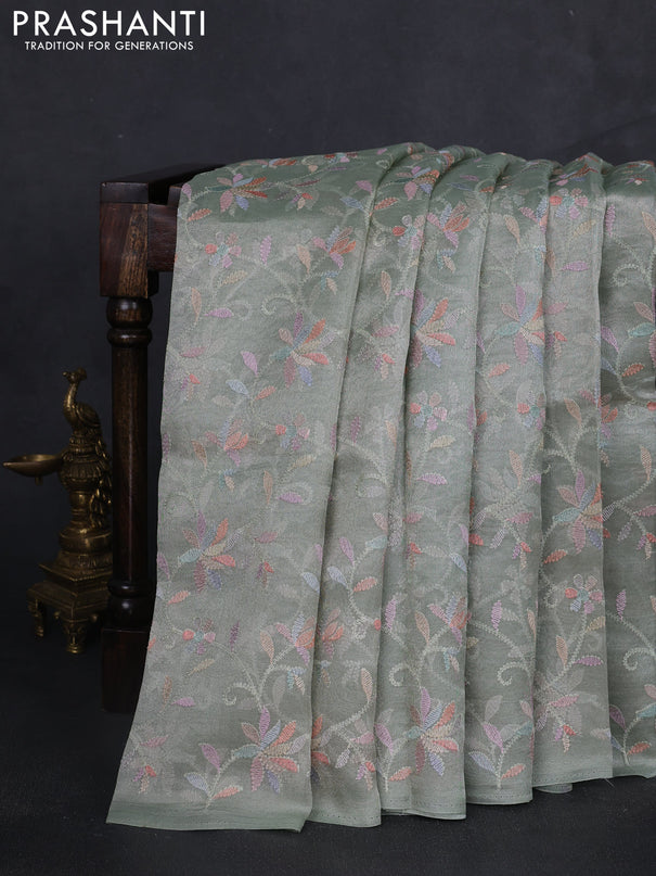 Tissue silk saree pastel green with allover embroidery work