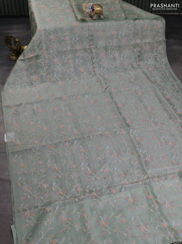 Tissue silk saree pastel green with allover embroidery work