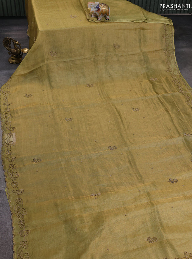 Tissue silk saree dual shade of pista green with beaded work and beaded work embroidery border