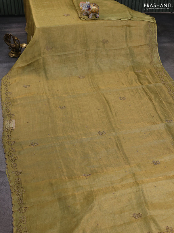 Tissue silk saree dual shade of pista green with beaded work and beaded work embroidery border
