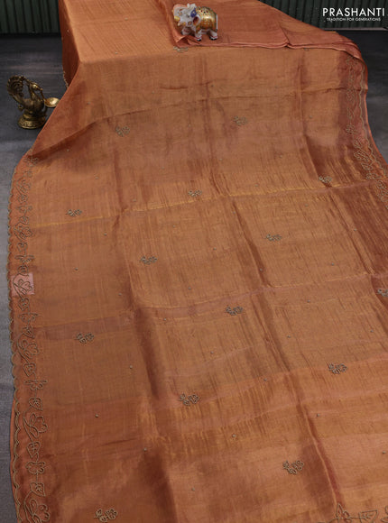 Tissue silk saree rust shade with beaded work and beaded work embroidery border