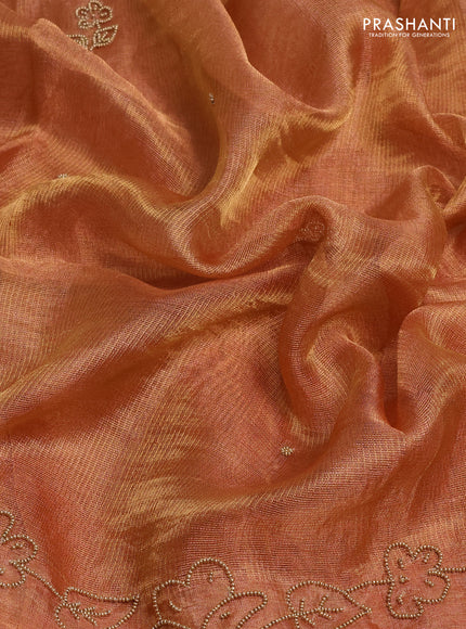 Tissue silk saree rust shade with beaded work and beaded work embroidery border