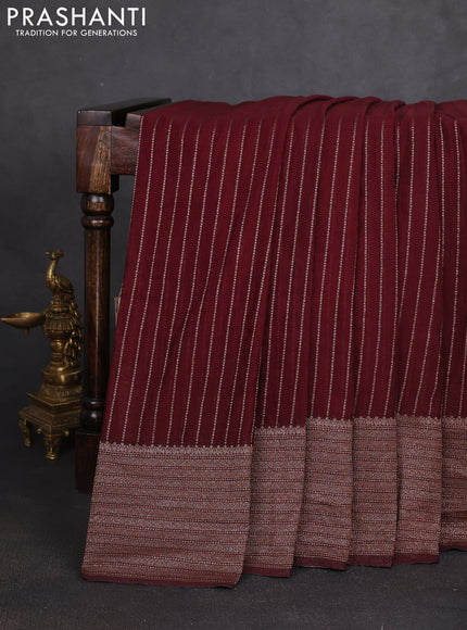 Banarasi semi georgette saree coffee brown with allover thread & zari stripe pattern and long zari woven border