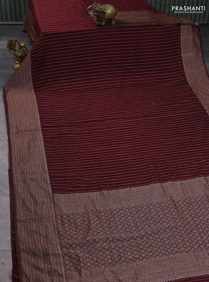 Banarasi semi georgette saree coffee brown with allover thread & zari stripe pattern and long zari woven border