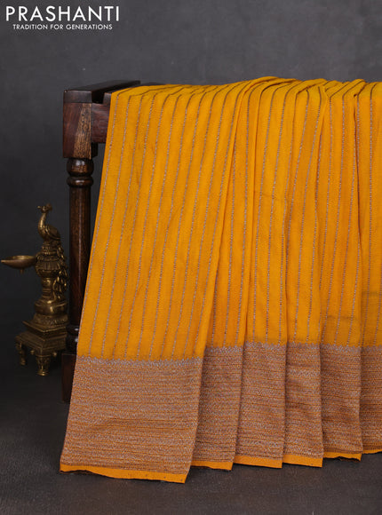 Banarasi semi georgette saree mustard yellow with allover thread & zari stripe pattern and long zari woven border