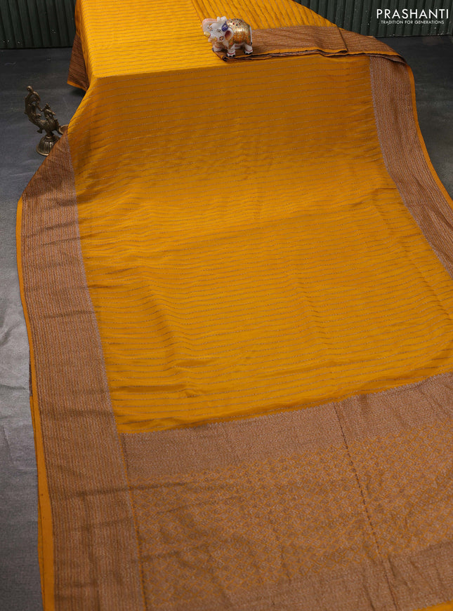 Banarasi semi georgette saree mustard yellow with allover thread & zari stripe pattern and long zari woven border