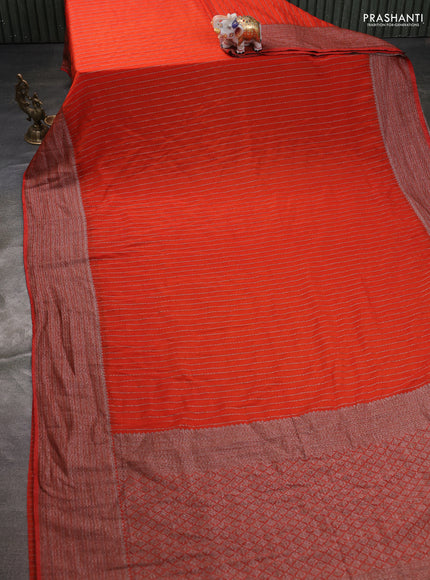 Banarasi semi georgette saree rust shade with allover thread & zari stripe pattern and long zari woven border