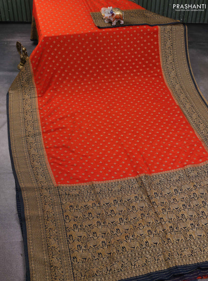 Banarasi semi georgette saree orange and peacock green with allover thread & zari woven buttas and zari woven border