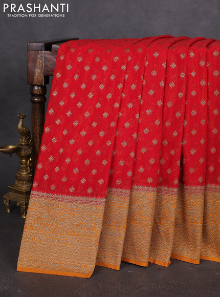 Banarasi semi georgette saree red and mustard yellow with allover thread & zari woven buttas and zari woven border