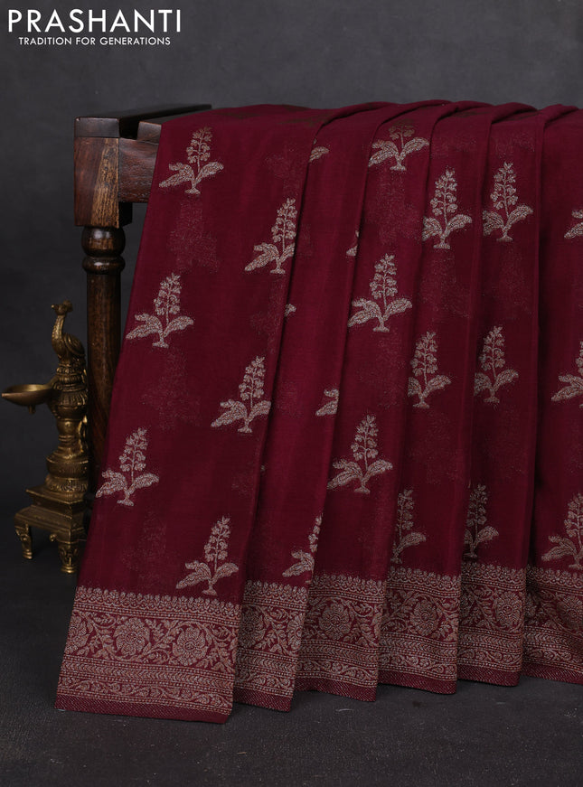 Banarasi semi georgette saree deep wine shade with allover thread & zari woven buttas and zari woven border