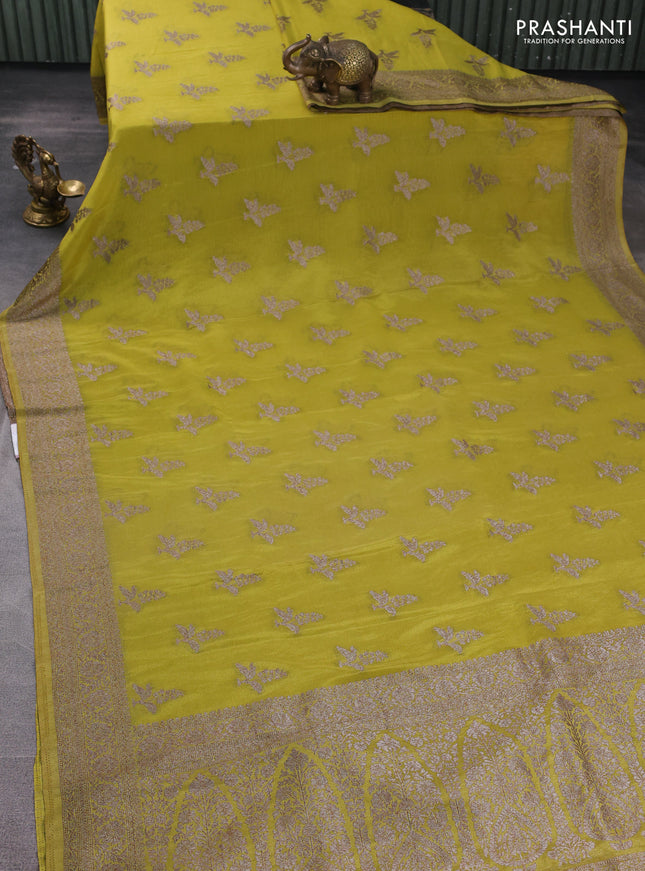 Banarasi semi georgette saree mehendi green with allover thread & zari woven buttas and zari woven border