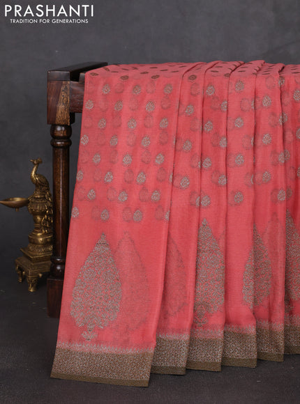 Banarasi semi georgette saree peach shade and mehendi green with allover thread & zari woven buttas and zari woven border