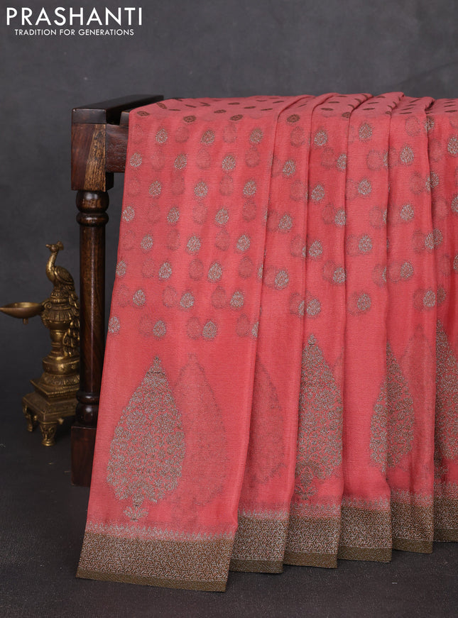 Banarasi semi georgette saree peach shade and mehendi green with allover thread & zari woven buttas and zari woven border