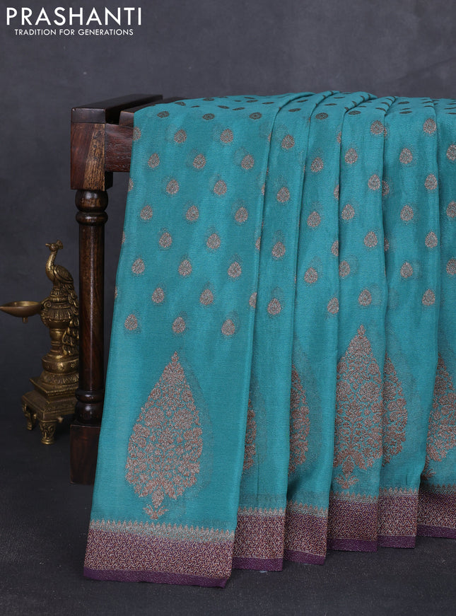 Banarasi semi georgette saree teal blue and purple with allover thread & zari woven buttas and zari woven border