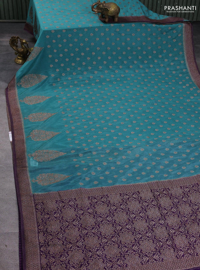 Banarasi semi georgette saree teal blue and purple with allover thread & zari woven buttas and zari woven border