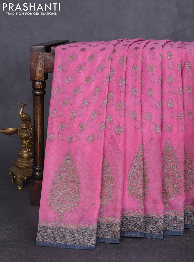 Banarasi semi georgette saree mauve pink and peacock blue with allover thread & zari woven buttas and zari woven border