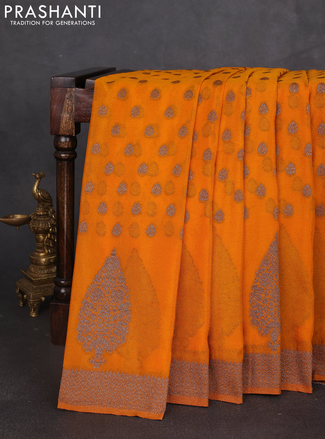 Banarasi semi georgette saree mustard yellow with allover thread & zari woven buttas and zari woven border